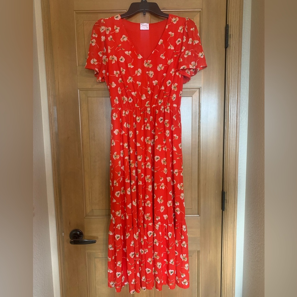 Red Floral Flutter Sleeve Midi Dress
